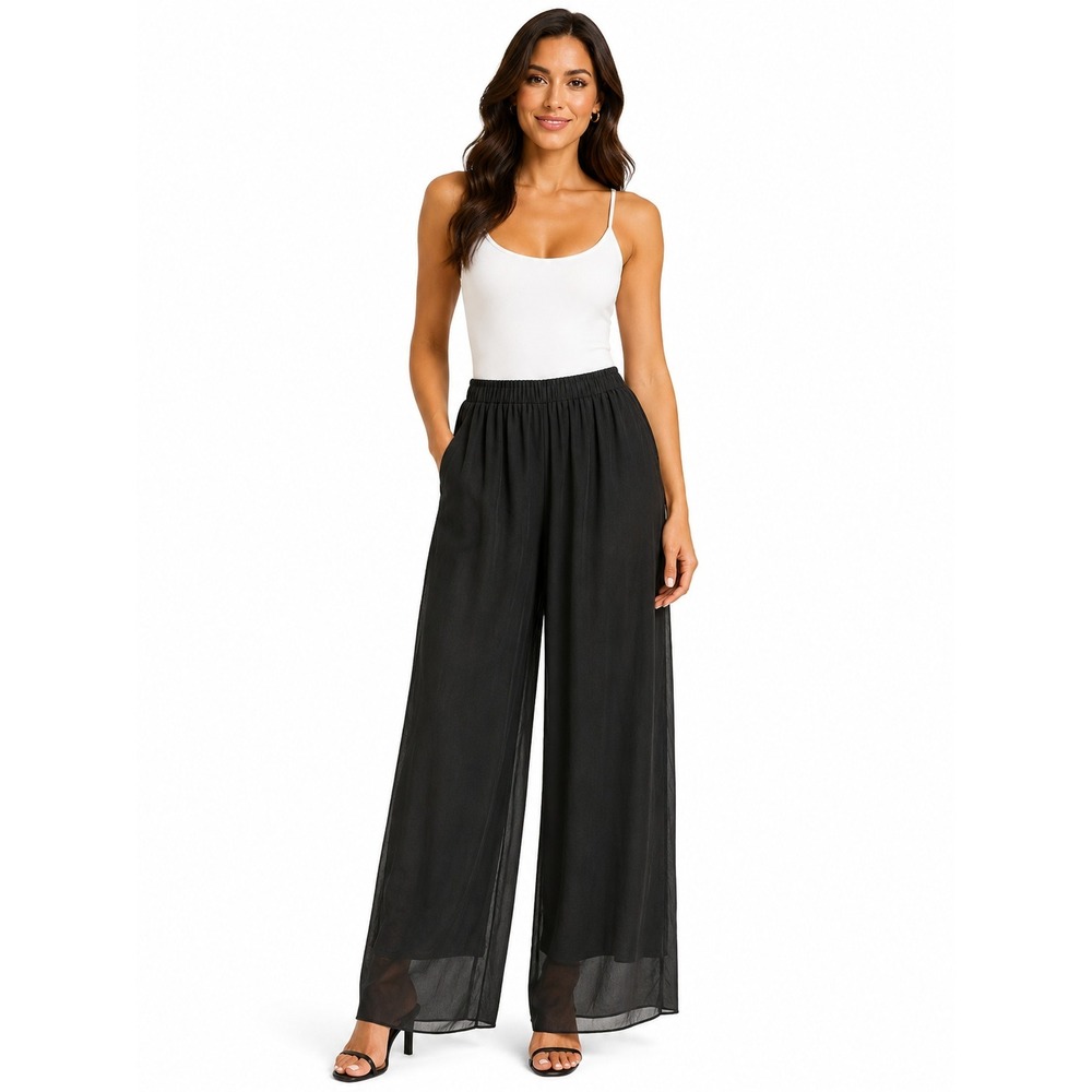 MsGlamour Black Sheer Wide Leg Pants High Waist Flowy Trousers NWT Medium